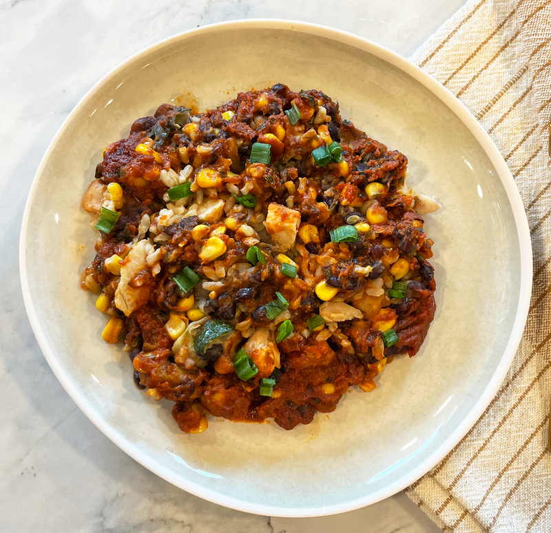 BBQ Chicken with Black Beans, Rice, Corn & Zucchini