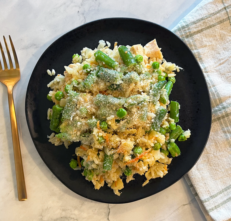 Rice, Chicken & Roasted Vegetable Bake with Cheddar Cheese Sauce