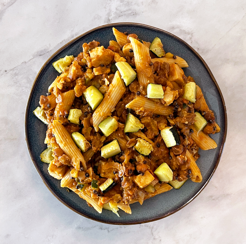 Lentil Ragu with Penne Pasta, Tofu & Baked Zucchini