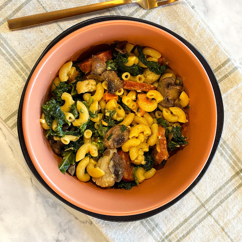 Macaroni & Cheese with Sausage, Mushrooms & Kale