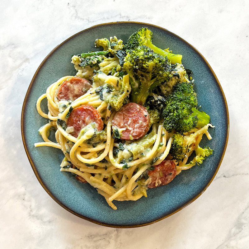 Sausage Alfredo with Spaghetti, Broccoli & Spinach